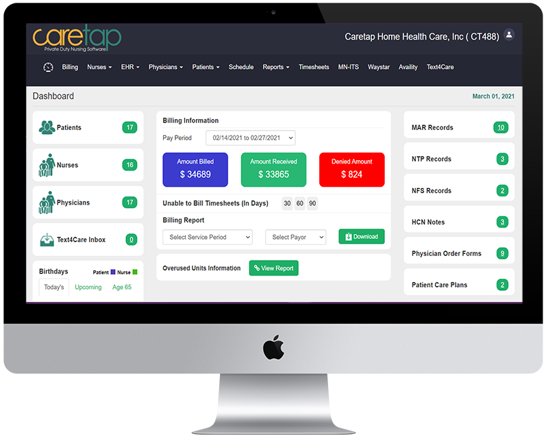 caretap private duty nursing software dashboard