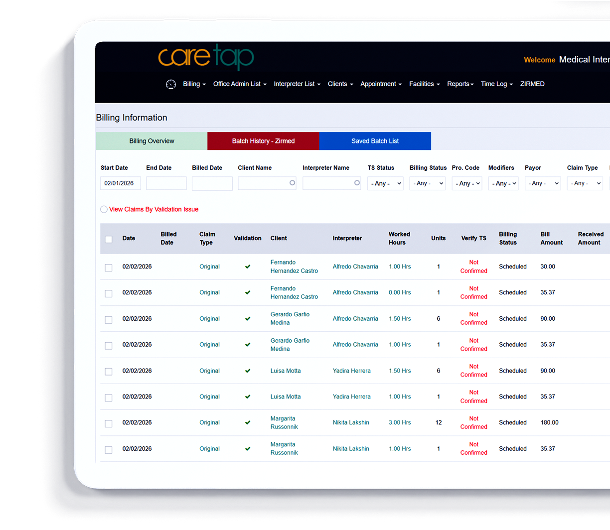 Interpreter Billing Software dashboard