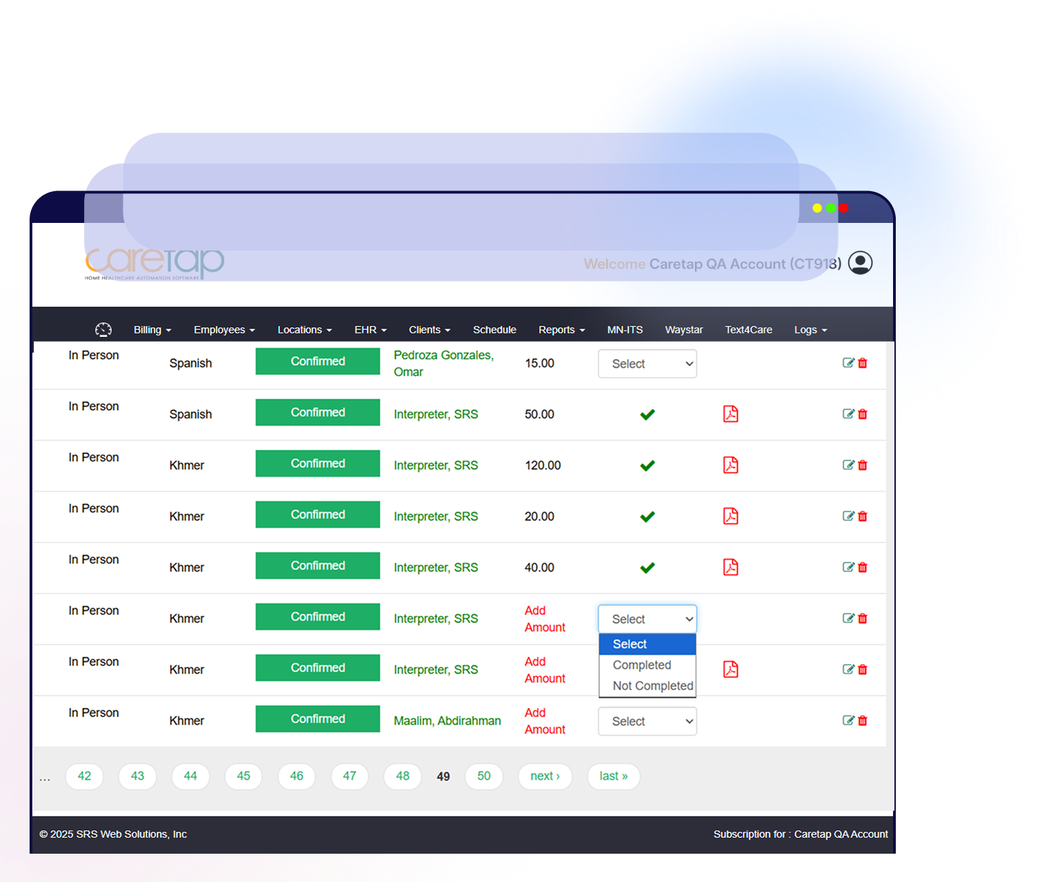 caretap interpreter management software billing dashboard