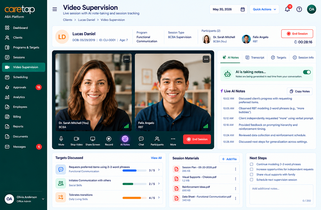 Caretap Video Supervision screen with live AI notes generated during a BCBA and RBT session