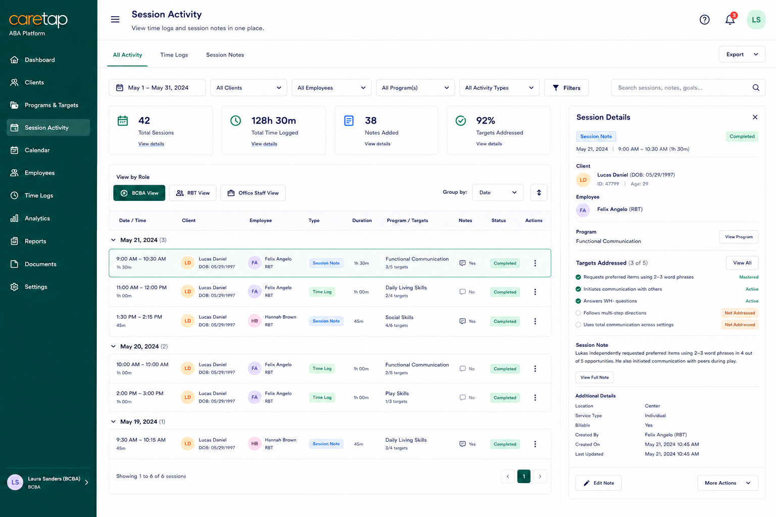 Caretap ABA dashboard showing clients, sessions, authorizations, and team activity in one connected view
