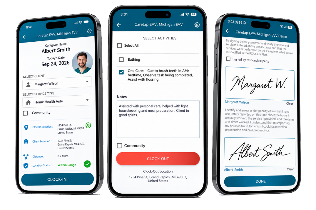 Caretap EVV caregiver mobile app screens for clocking in and recording a visit